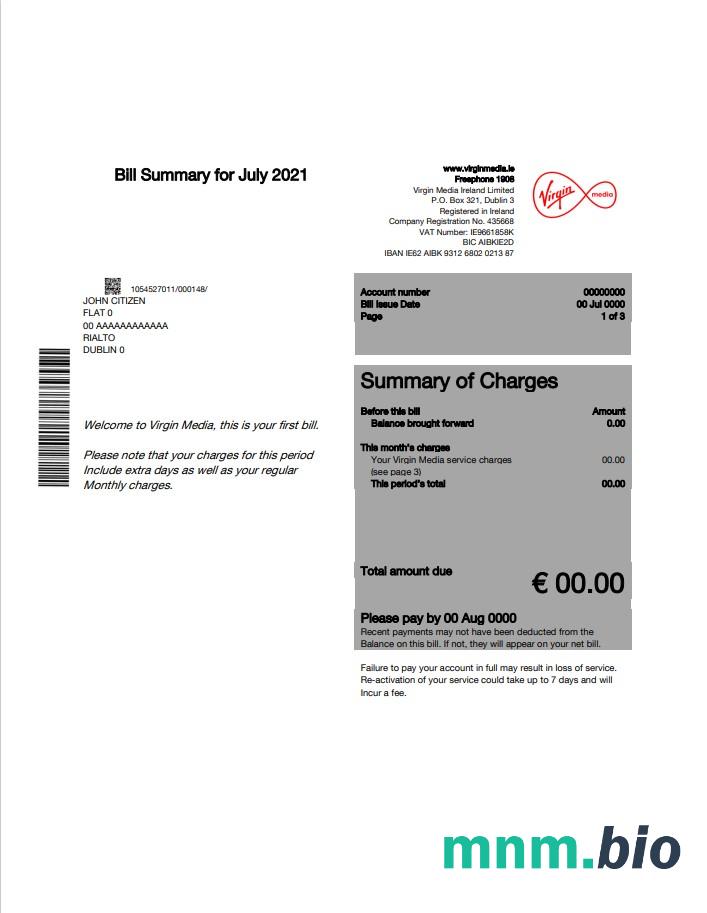 Irlandia Virgin Media rachunek za media szablon edytowalny w programie Word i PDF, Wersja 1
